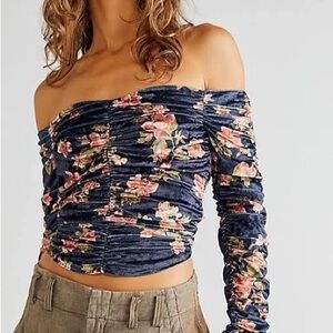 Free People Navy Floral Off-Shoulder Ruched Crop Top